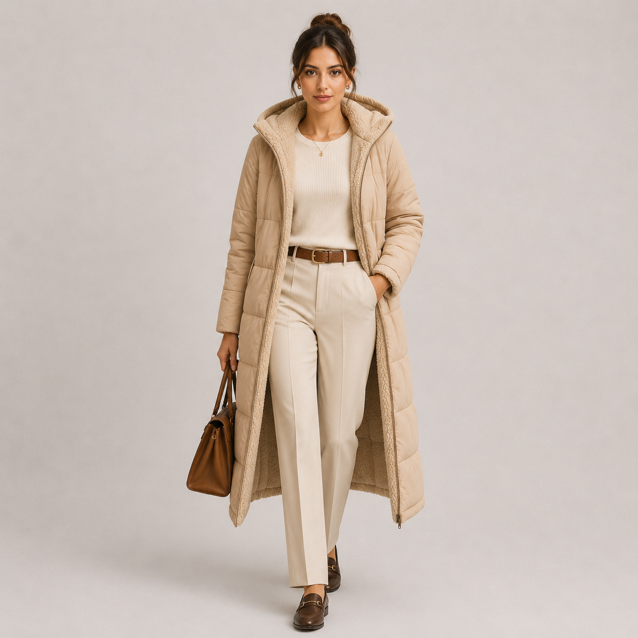 A woman models a long beige quilted puffer coat over a cream sweater and cream trousers, holding a brown leather handbag against a light gray studio background.