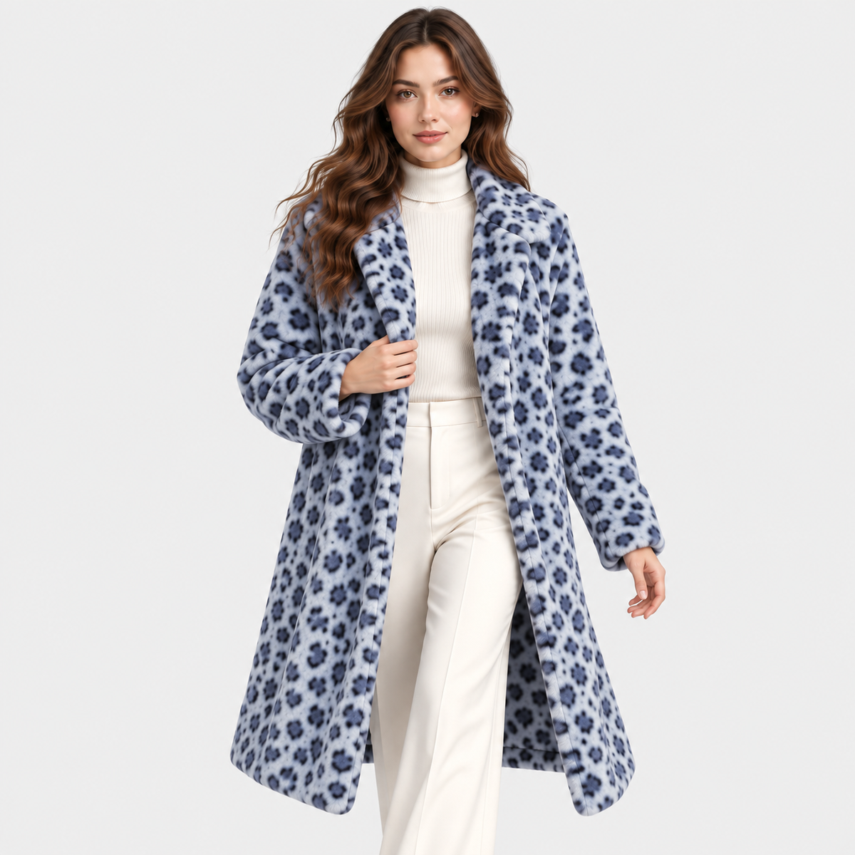 A woman modeling a long, plush faux-fur coat with a navy blue and light blue leopard print pattern, worn over a cream ribbed turtleneck and cream trousers, against a light gray studio background.