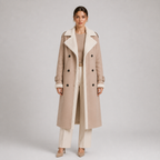 A model stands against a light gray studio background wearing a long beige trench-style coat with a cream shearling-style collar and lining, paired with cream pants and beige heels.
