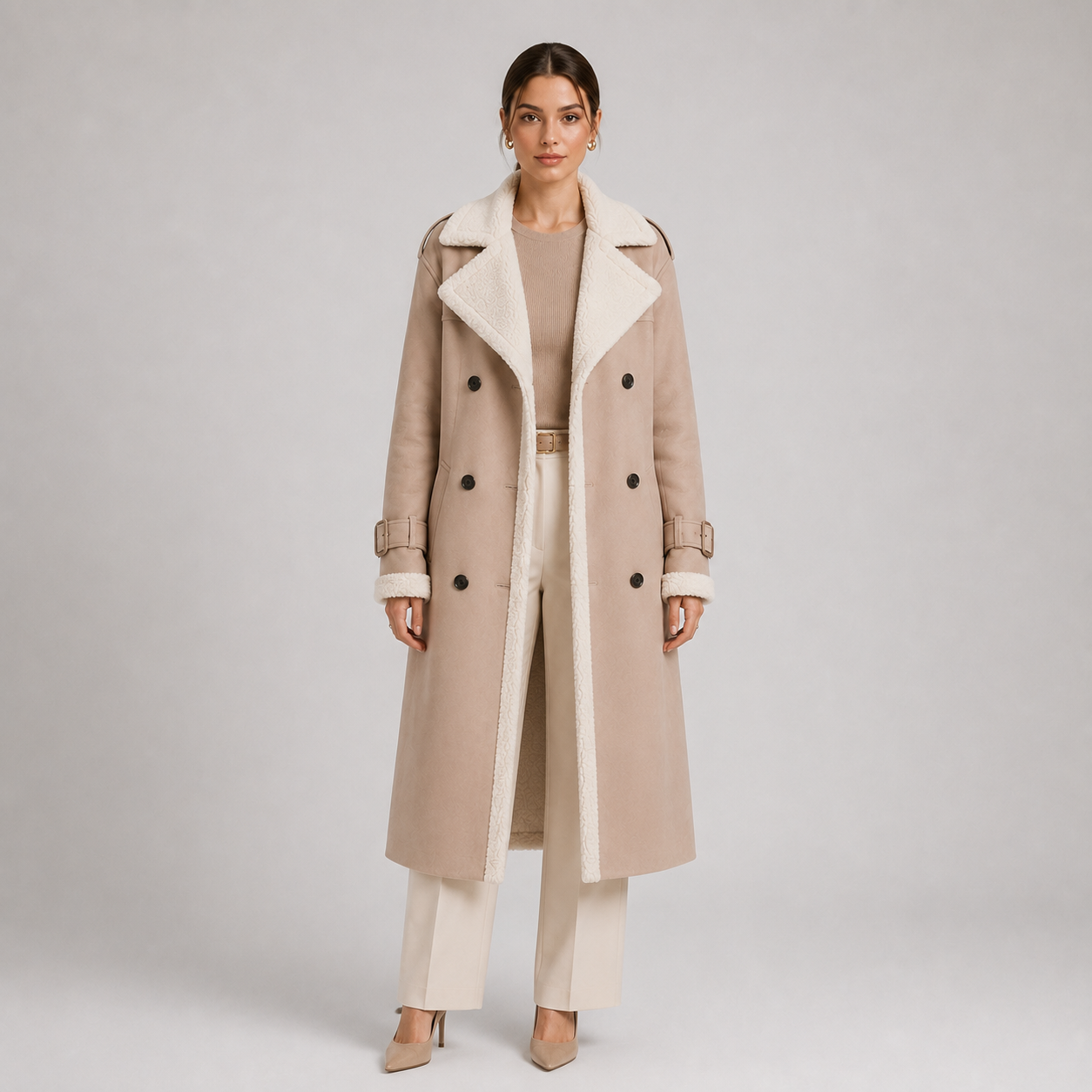 A model stands against a light gray studio background wearing a long beige trench-style coat with a cream shearling-style collar and lining, paired with cream pants and beige heels.
