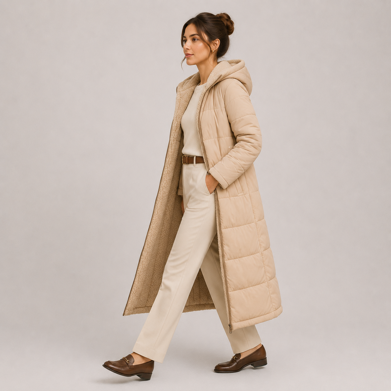 A woman models a long, light beige hooded puffer coat over a cream top and cream trousers, paired with brown loafers, against a neutral light gray studio background.