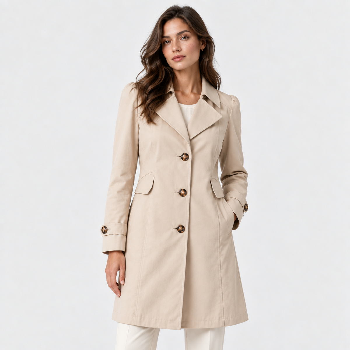 A woman modeling a mid-length beige trench coat with brown buttons, worn over a white top and white pants, against a plain white studio background.