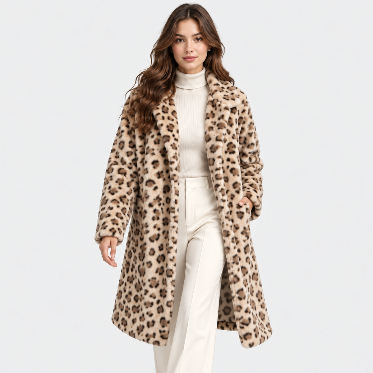 A woman modeling a mid-length leopard-print faux fur coat over a cream ribbed turtleneck and cream wide-leg trousers, shot against a solid light gray background.