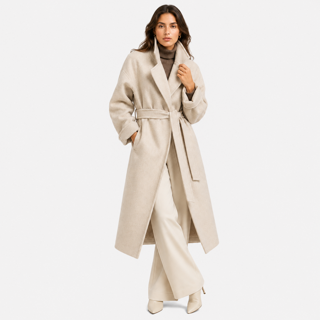 A woman modeling a long, light beige wool-blend coat with a matching waist tie belt, paired with wide-leg trousers and pointed-toe heels against a light gray studio background.