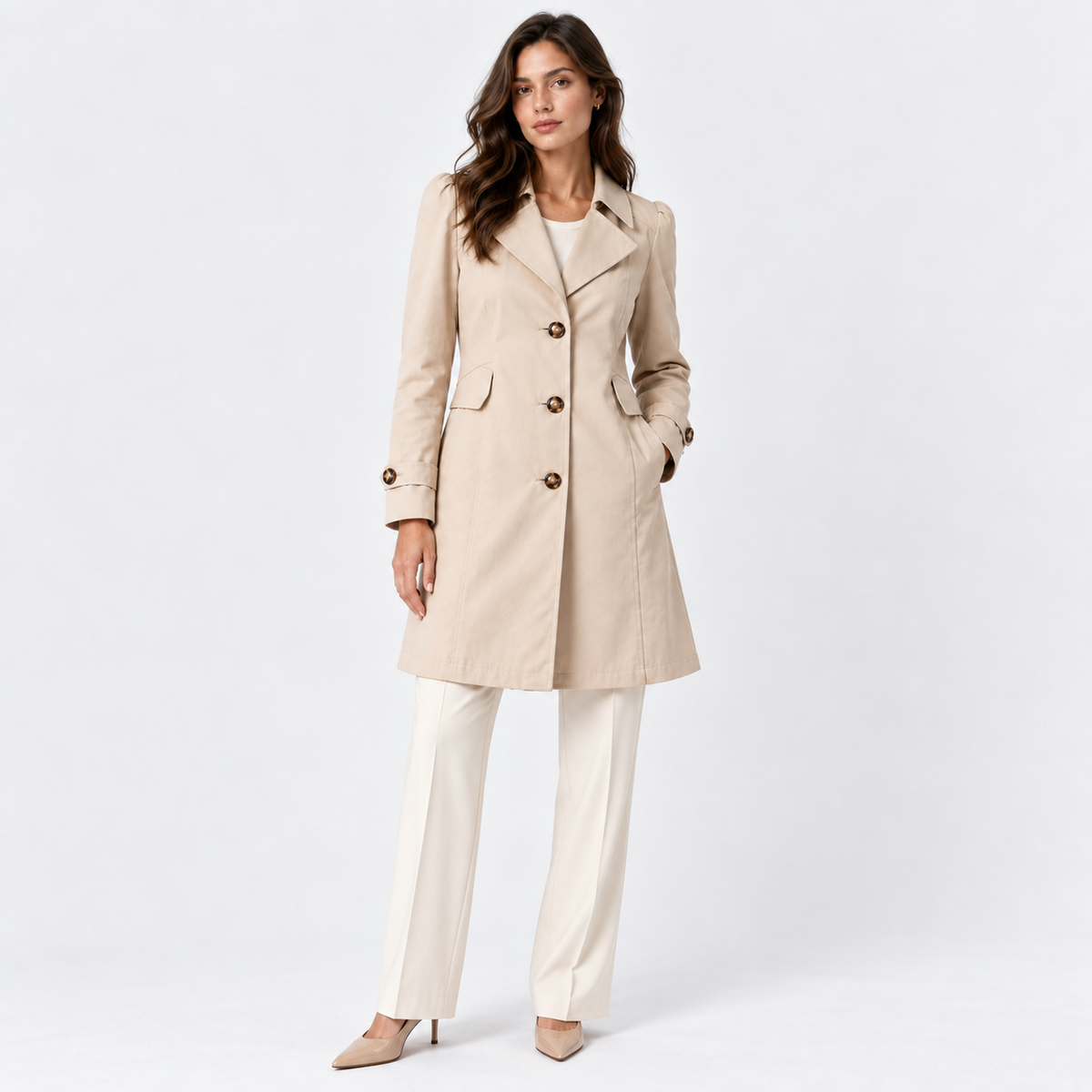A woman models a beige knee-length trench coat with brown buttons, paired with cream wide-leg trousers and beige heels, against a plain white studio background.