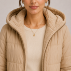 A close-up of a woman wearing a beige puffer jacket with a soft cream sherpa-lined hood over a cream ribbed sweater.