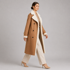A woman models a long camel-brown coat with a cream-colored shearling-style collar and lining, paired with cream trousers and beige heels, against a solid gray studio background.