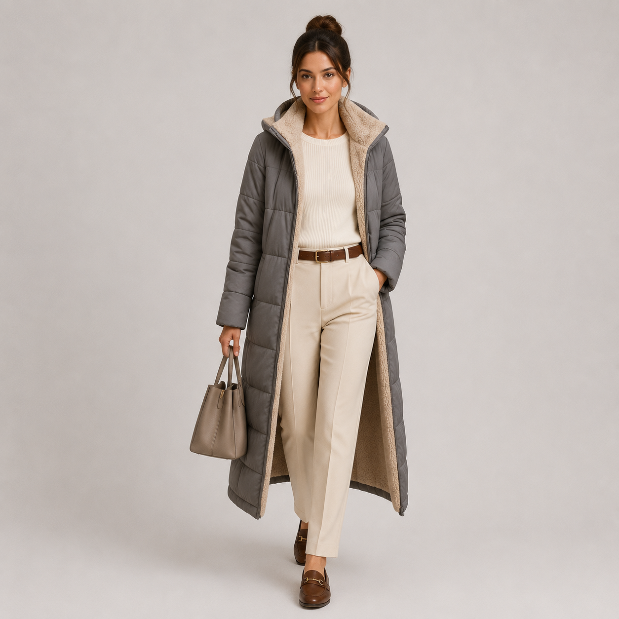A woman models a long gray puffer coat with a beige sherpa lining, styled with cream trousers, a cream top, a brown belt, brown loafers, and a taupe handbag against a light gray studio background.