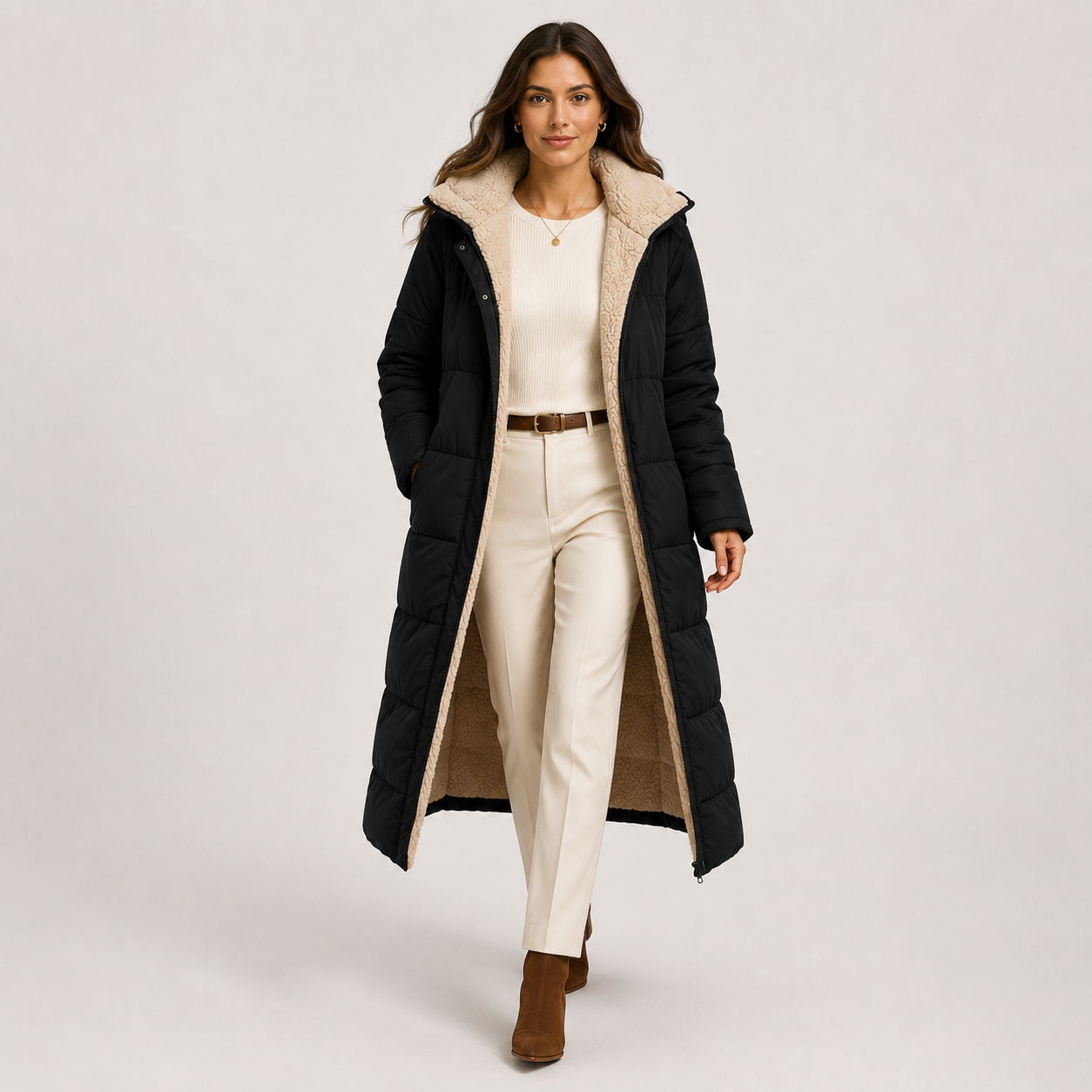 A woman models a long black puffer coat with a beige sherpa-lined hood and interior, worn over a cream sweater, cream pants, and brown ankle boots, against a light gray studio background.