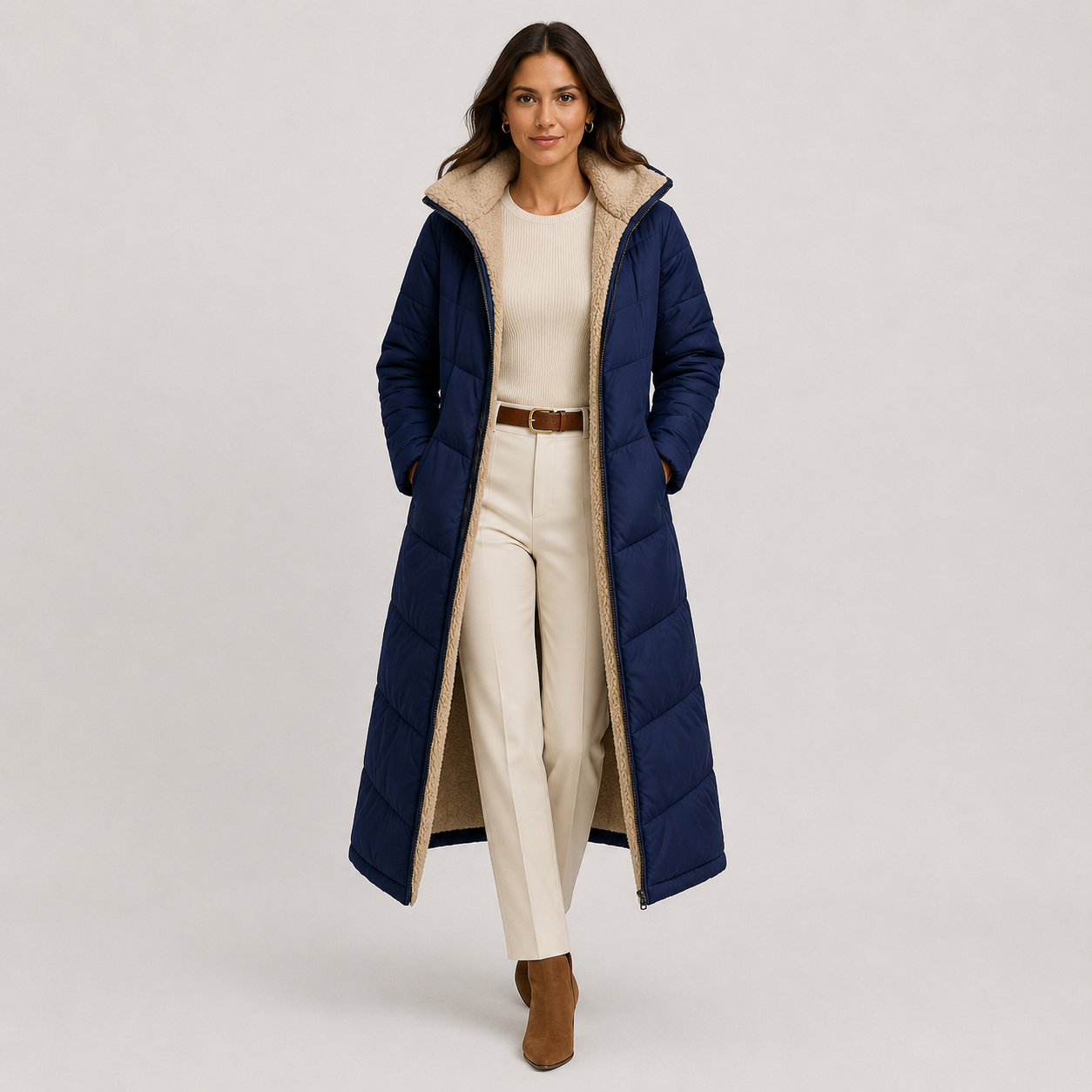 A woman models a long navy blue puffer coat with a beige sherpa-lined hood and interior, styled over a cream top and trousers with a brown belt and boots, against a light gray studio background.