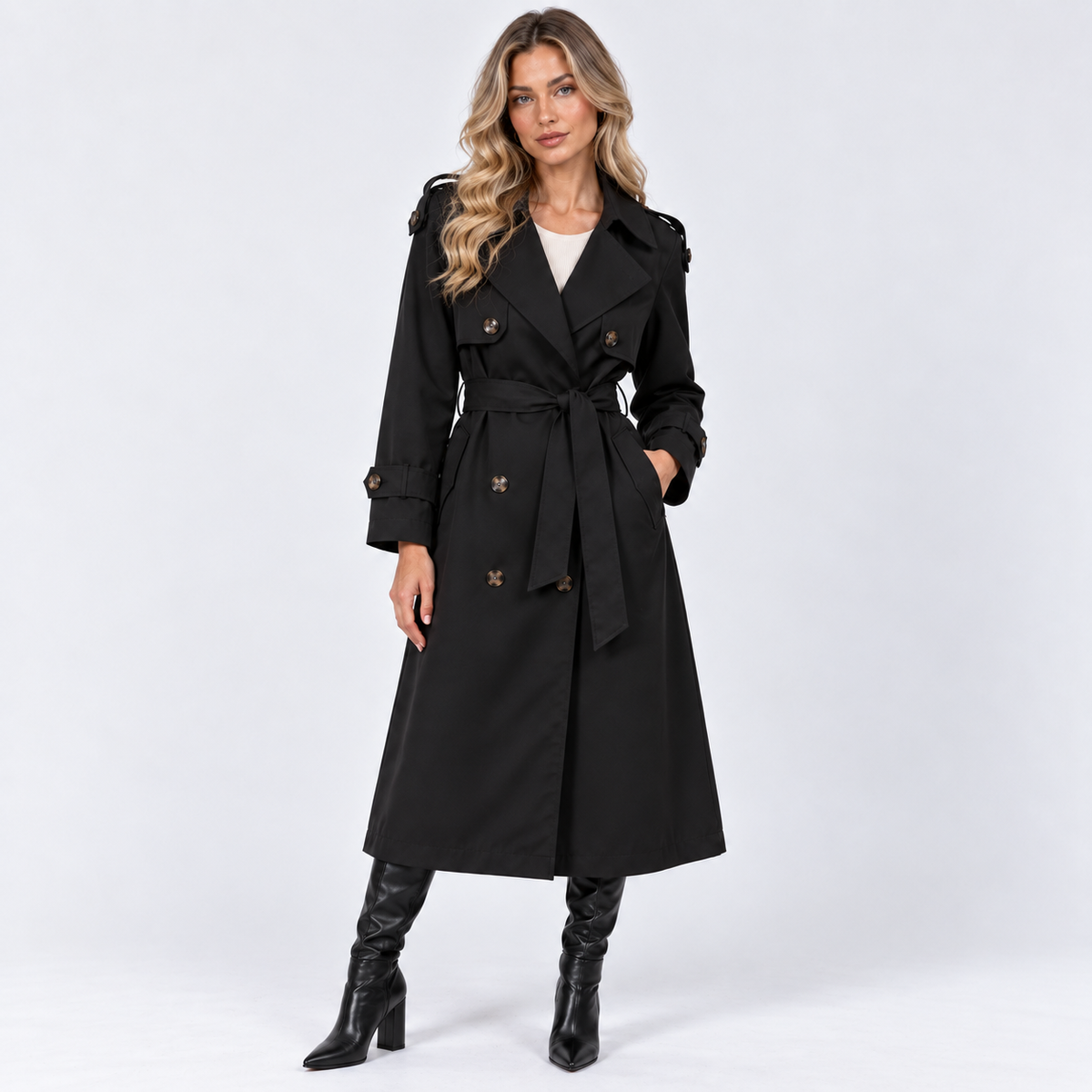 A woman modeling a long black trench coat with a self-tie belt and gold-tone buttons, paired with black knee-high boots against a light gray studio background.
