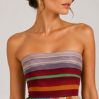 A close-up of a woman wearing a strapless bandeau-style top with horizontal multicolor stripes in lavender, purple, red, green, orange, and cream against a light gray studio background.