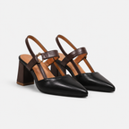 A pair of women's pointed-toe slingback heels in black leather with dark brown straps and a brown block heel, shown on a light gray background.