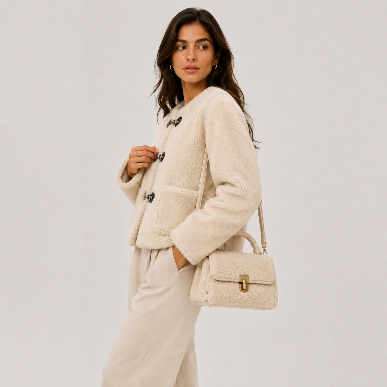 A woman models a cream bouclé cropped jacket with black toggle buttons, paired with matching cream trousers and a cream shoulder bag with gold hardware, against a light gray studio background.
