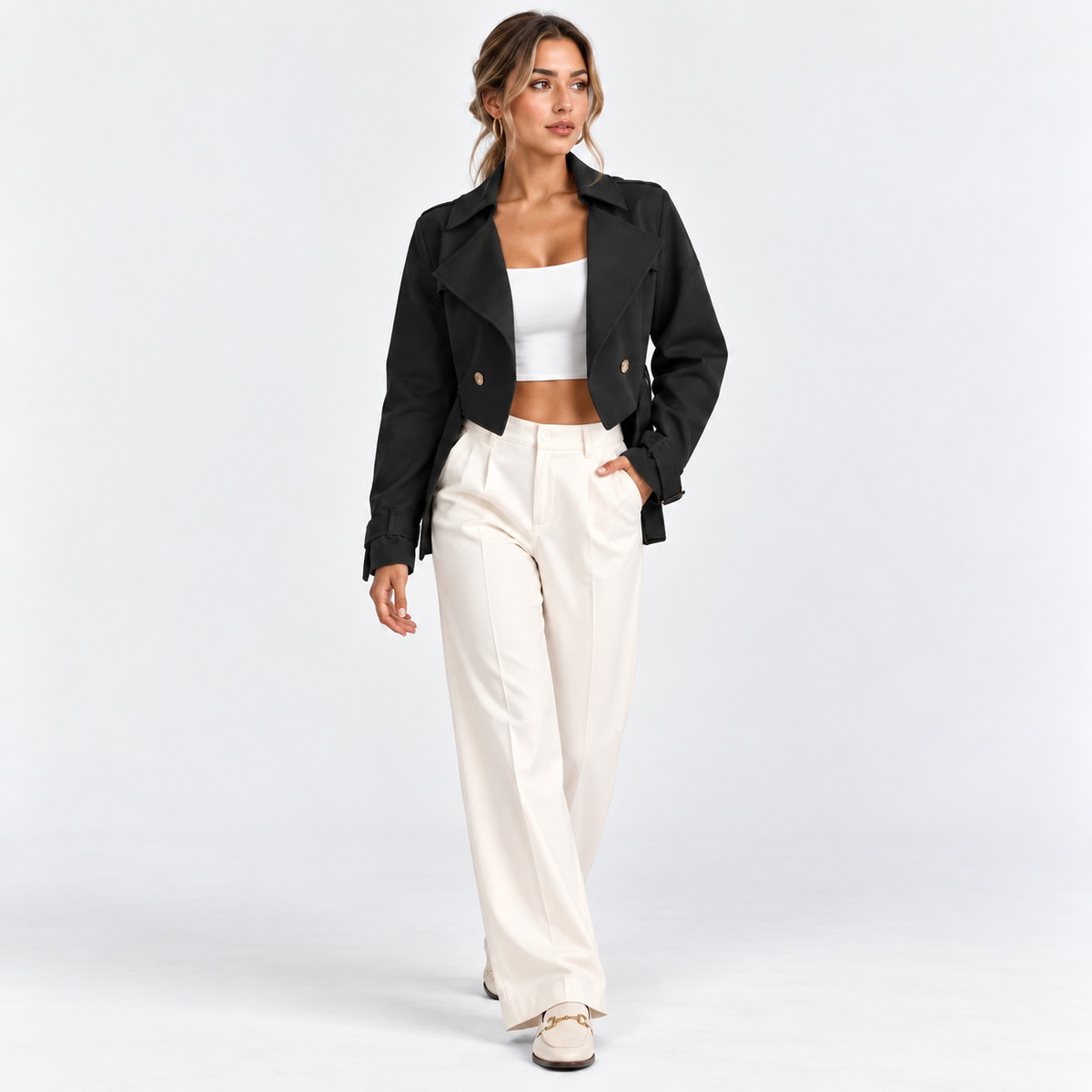 Woman wearing a black double-breasted blazer with gold buttons and white wide-leg pants