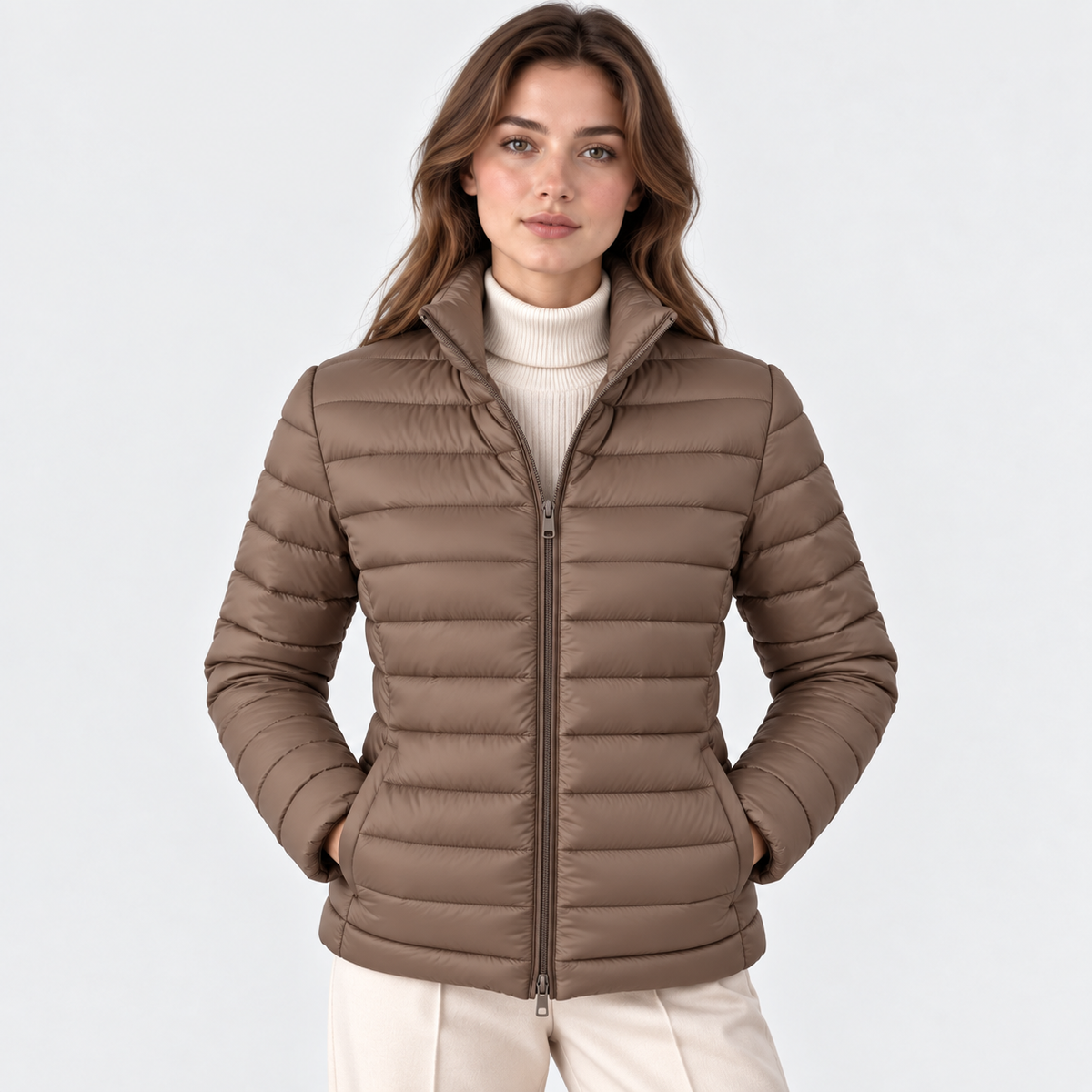 A woman wearing a taupe brown puffer jacket over a cream ribbed turtleneck sweater and light beige trousers, photographed against a clean light gray studio background.