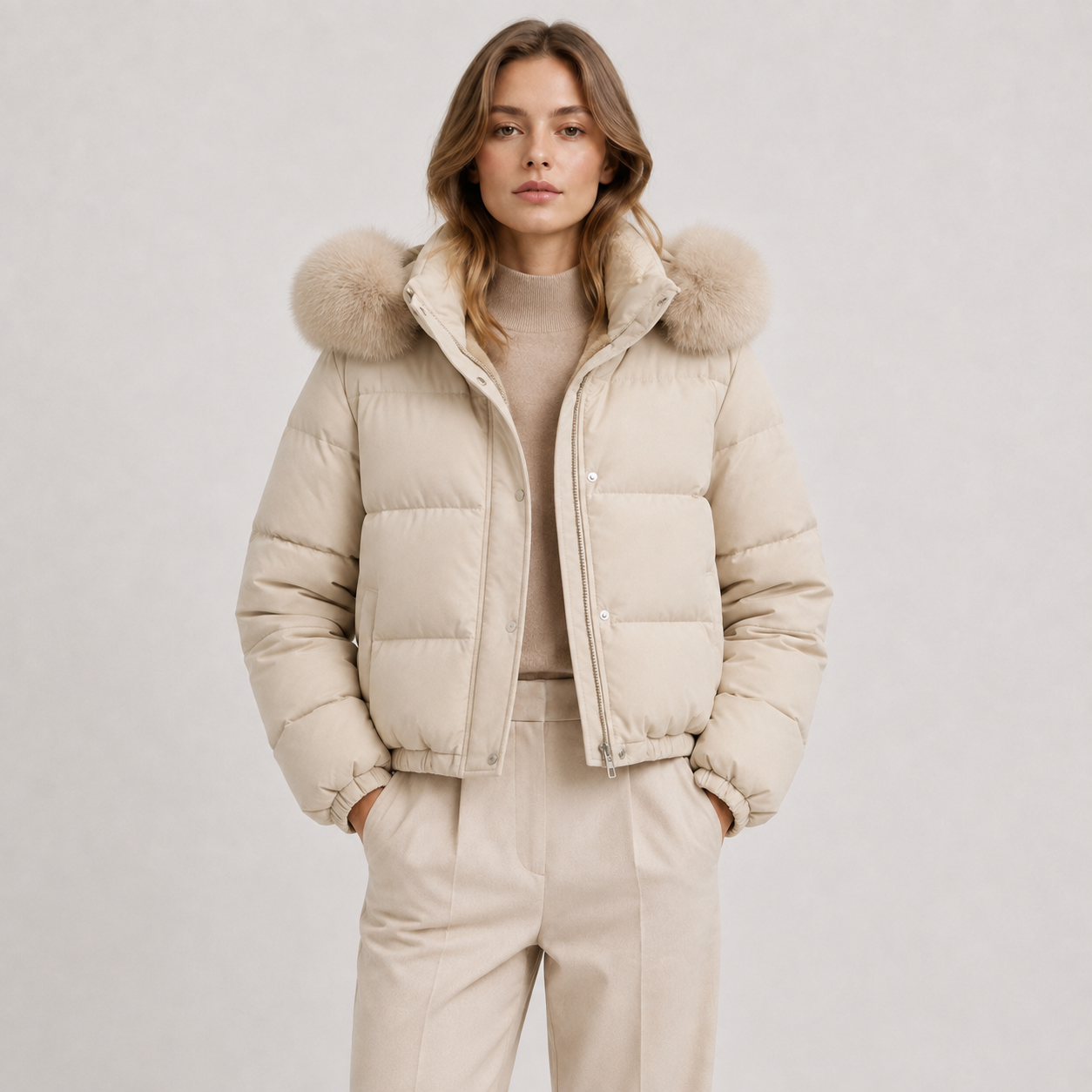 A woman wearing a beige puffer jacket with a large fluffy faux-fur hood trim, paired with matching beige trousers and a beige top, photographed against a light gray studio background.