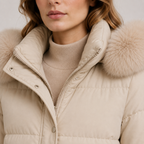Close-up of a model wearing a beige puffer jacket with a large fluffy faux-fur hood trim over a ribbed beige turtleneck sweater.