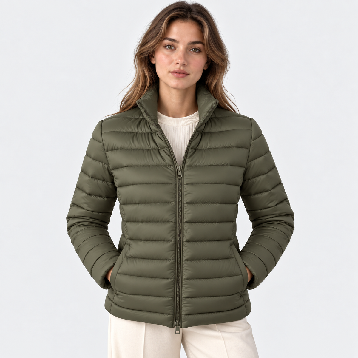 A woman wearing a light olive green puffer jacket over a cream ribbed top and cream pants, photographed against a clean light gray studio background.