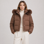 A woman wearing a brown puffer jacket with a large faux-fur trimmed hood, styled over a cream turtleneck and cream trousers, photographed against a light gray studio background.