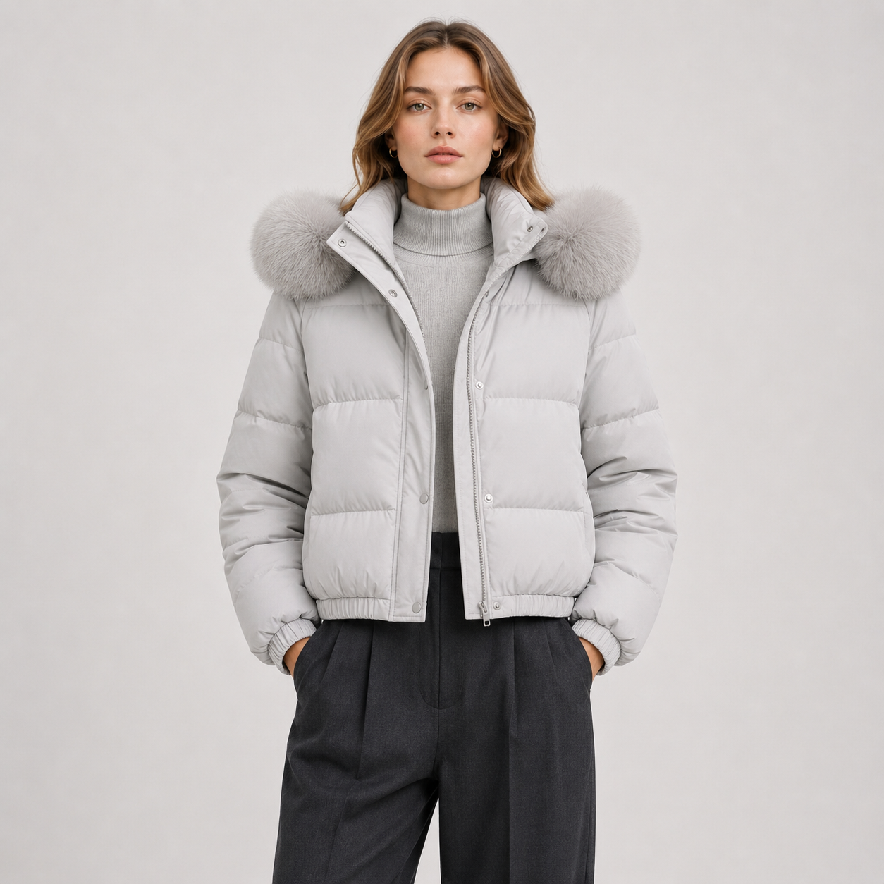 A woman wearing a light gray puffer jacket with a large fluffy faux-fur trimmed hood, layered over a gray turtleneck sweater and dark charcoal trousers, set against a plain light gray studio background.