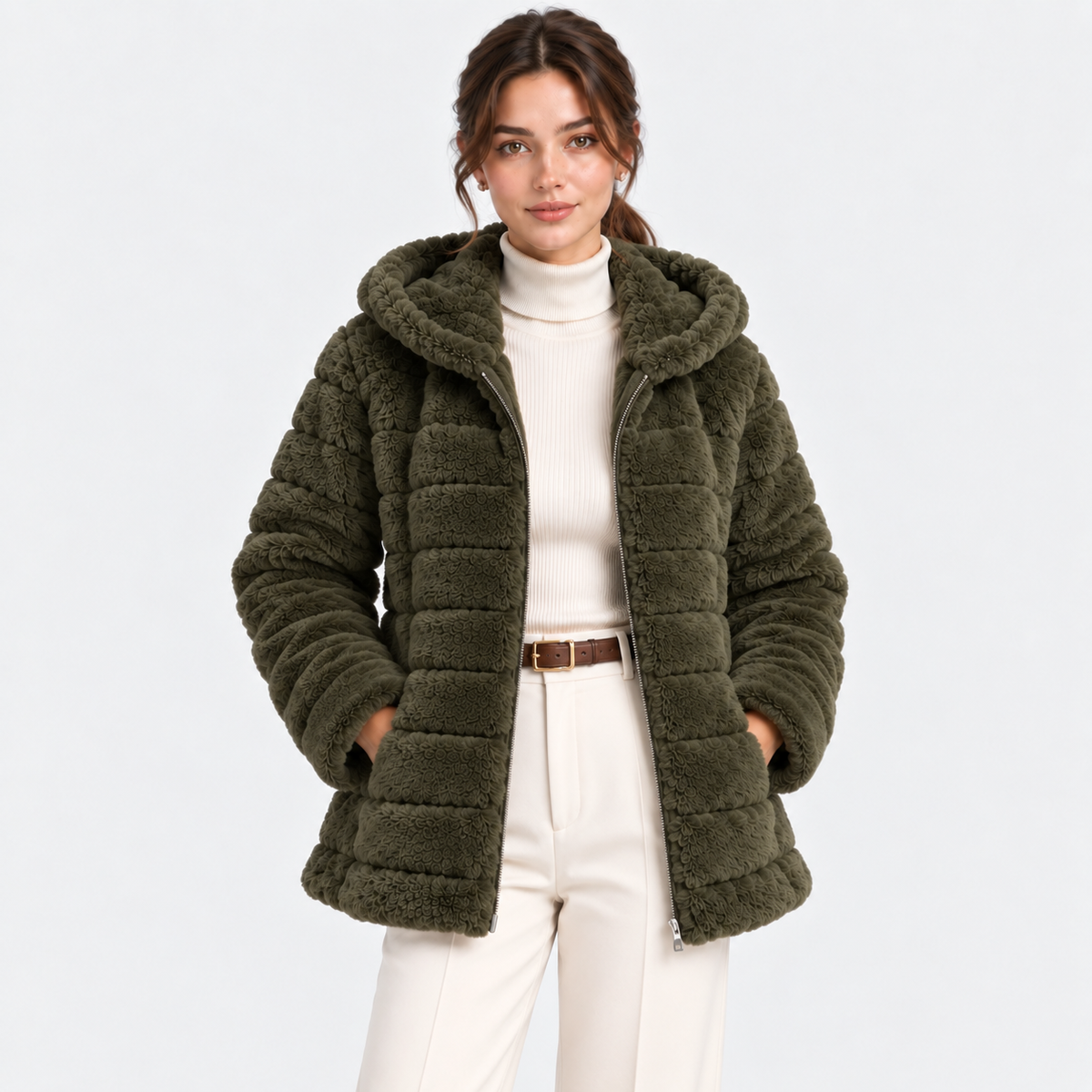 A woman wearing a dark olive green sherpa fleece puffer jacket with a large hood, styled over a cream ribbed turtleneck and cream trousers, against a light gray studio background.