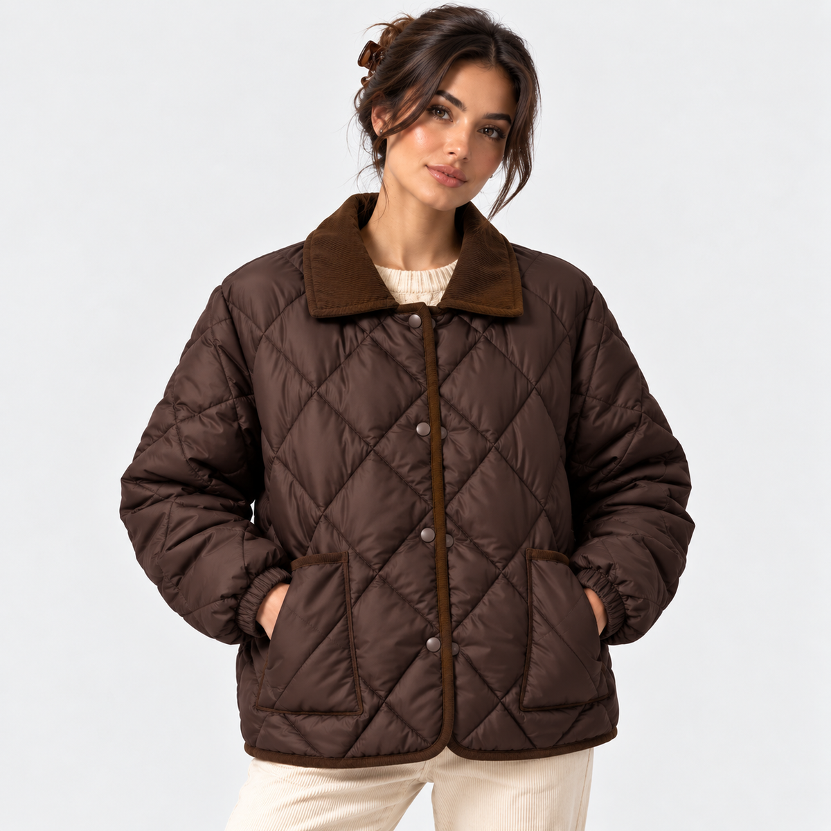 A woman wearing a dark brown diamond-quilted puffer jacket with a matching brown corduroy collar, standing against a light gray studio background.