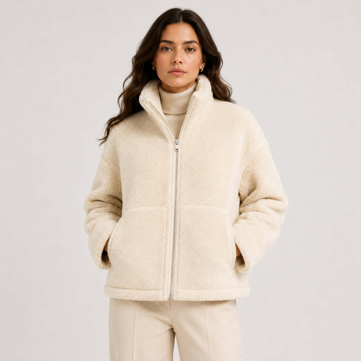 A woman wearing a cream-colored sherpa fleece zip-up jacket over a matching cream turtleneck and light beige trousers, photographed against a solid light gray studio background.