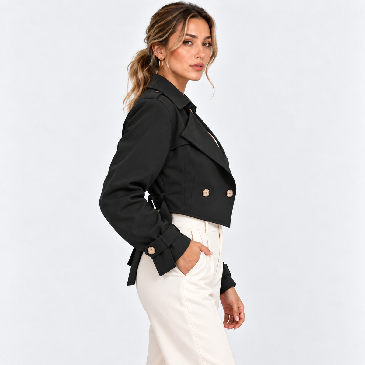 Side view of a woman wearing a black double-breasted blazer with gold buttons and white pants
