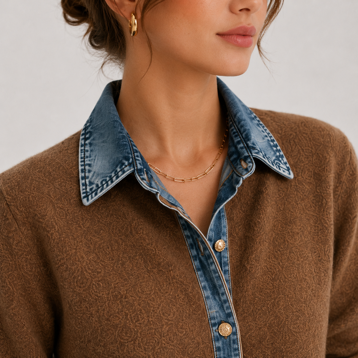 Close-up of a woman wearing a brown textured knit top with a contrasting blue denim collar and button placket, paired with a delicate gold chain necklace.