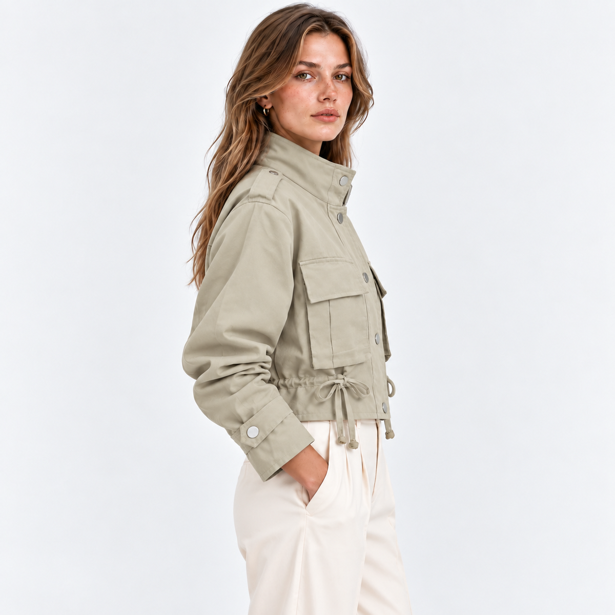 Women’s Utility Jacket Cropped Long Sleeve Multi Pocket