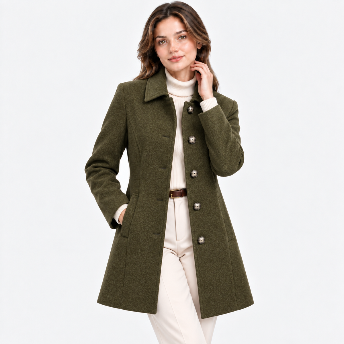 A woman modeling an olive green wool-blend coat with silver-tone buttons, worn over a cream turtleneck and cream trousers against a light gray studio background.