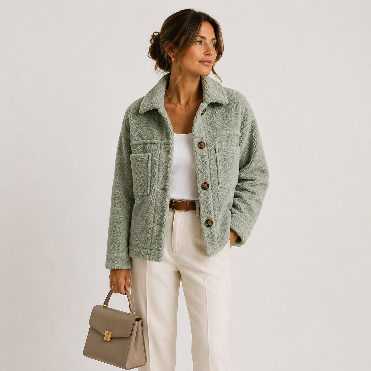 A woman models a light sage green bouclé shearling jacket, styled with a white tank top, cream trousers, a brown belt, and a taupe handbag against a plain light gray studio background.