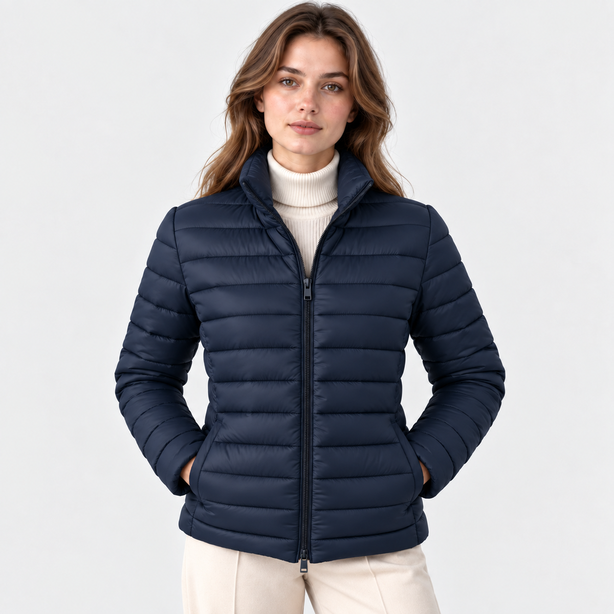 A woman wearing a navy blue puffer jacket over a cream ribbed turtleneck sweater and light beige trousers, photographed against a clean white studio background.