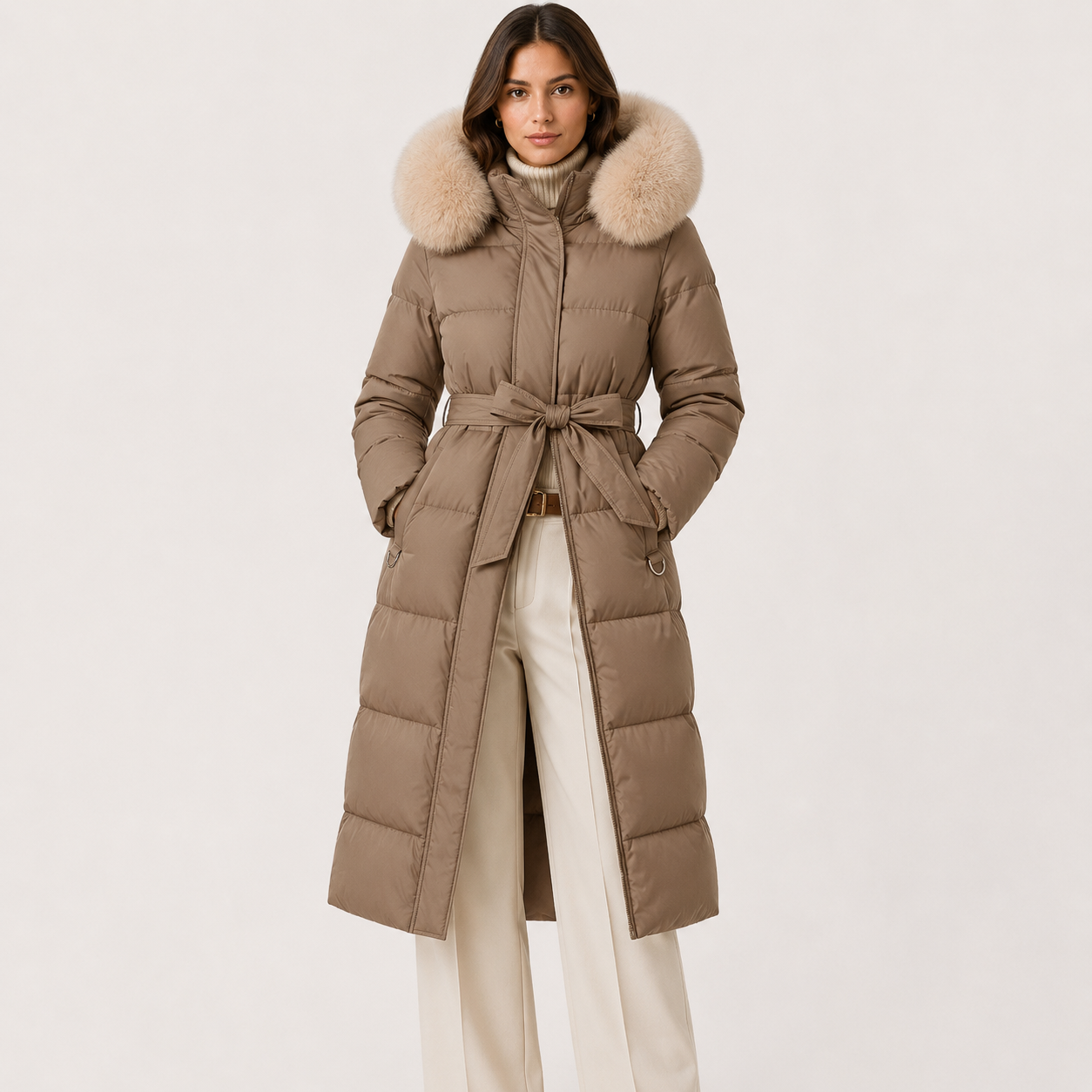 A woman stands against a plain light background wearing a long taupe-brown puffer coat with a large beige faux-fur collar, belted at the waist, paired with cream wide-leg trousers.