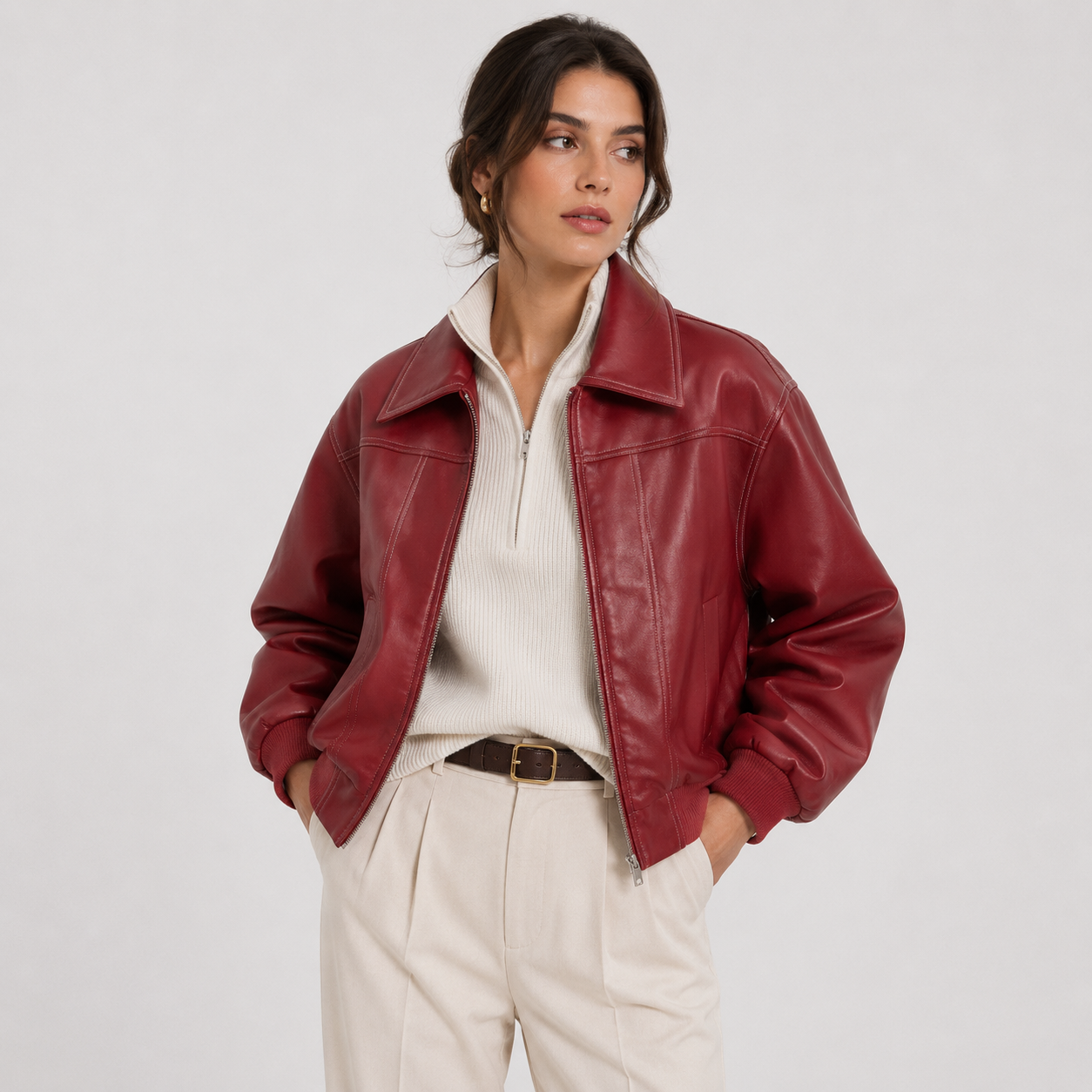 A woman wearing a cropped, shiny burgundy faux-leather jacket over a cream ribbed zip-neck top and cream trousers, standing against a light gray studio background.