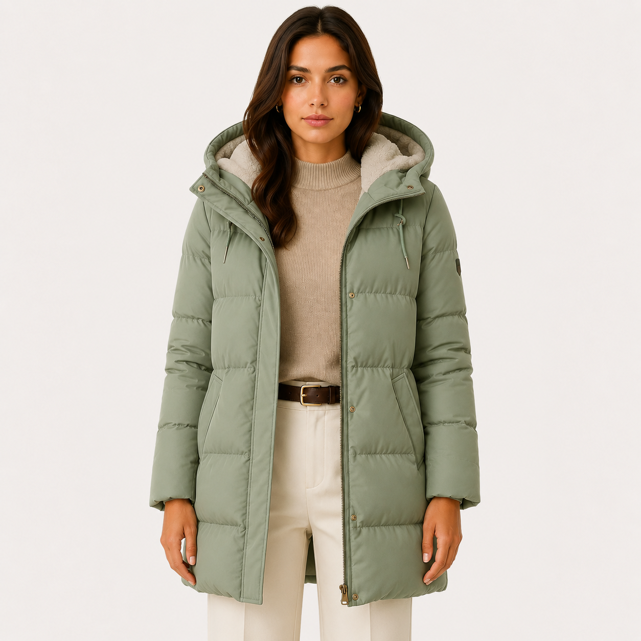 A woman wearing a sage green hooded puffer coat over a beige sweater and cream pants, standing against a plain light background.