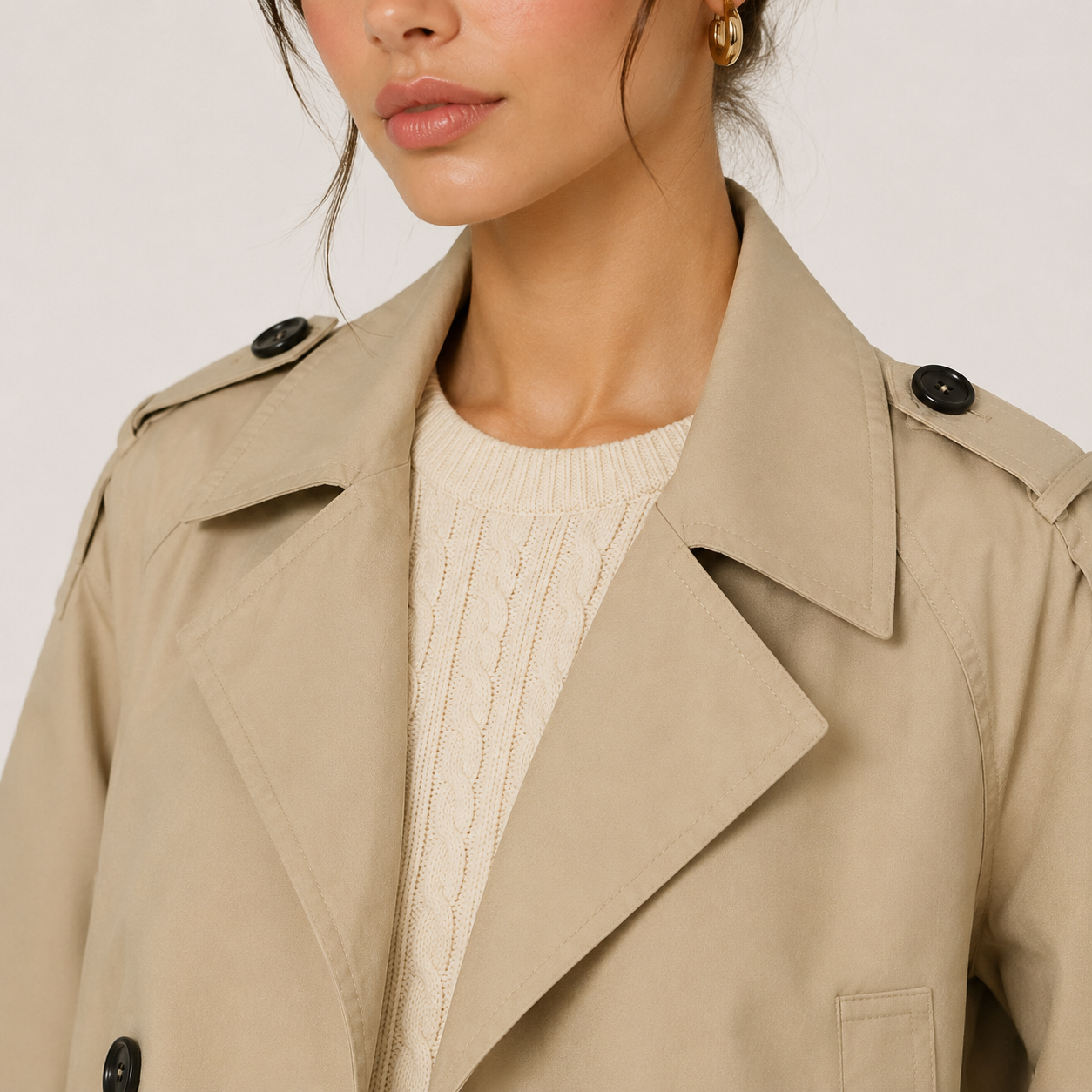 A close-up of a model wearing a beige trench coat over a cream cable-knit sweater, featuring the collar, lapels, and black buttons of the coat.