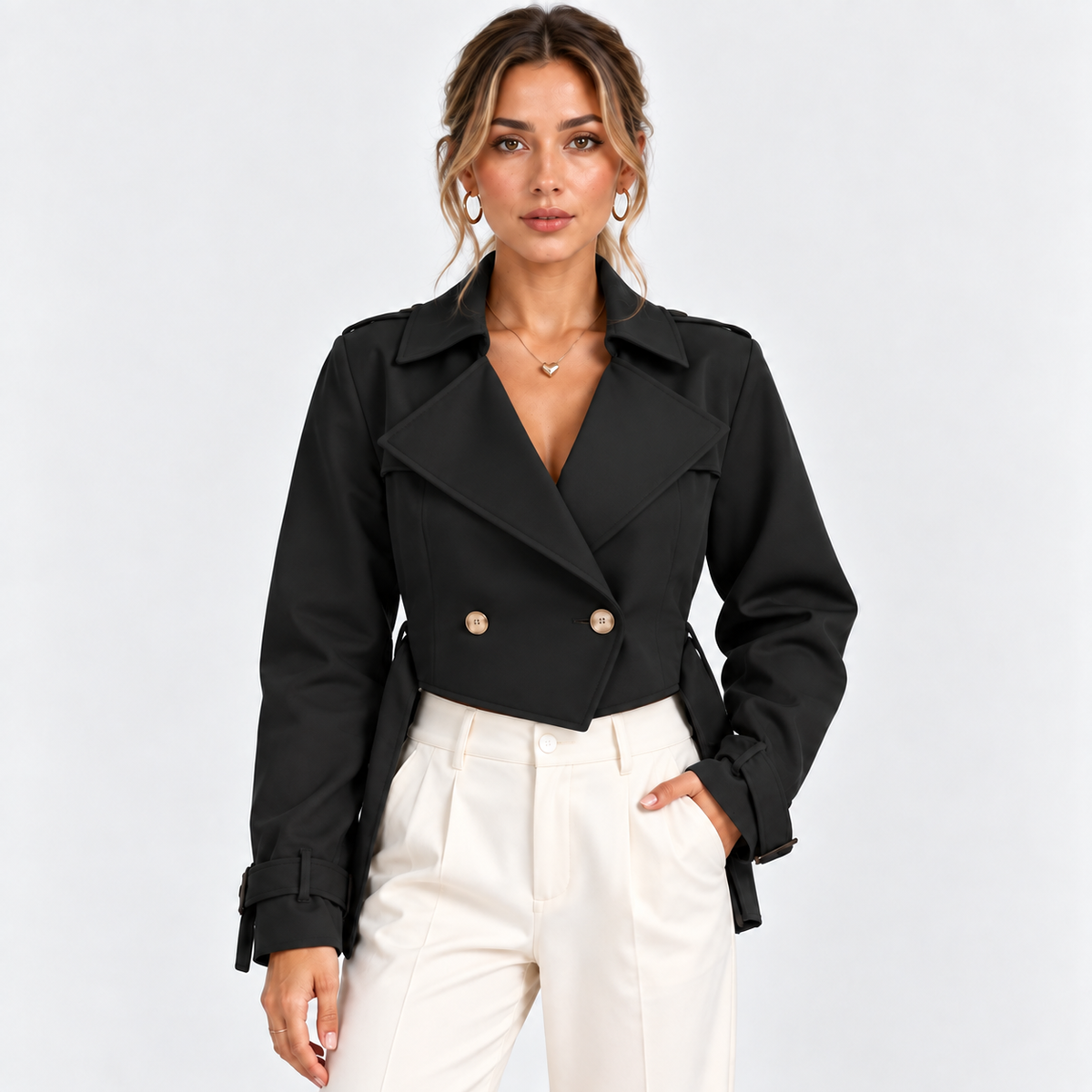 Black double-breasted blazer with gold buttons and white tailored pants on a woman