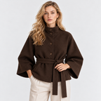 Women's dark brown cape coat with wide sleeves and matching waist belt