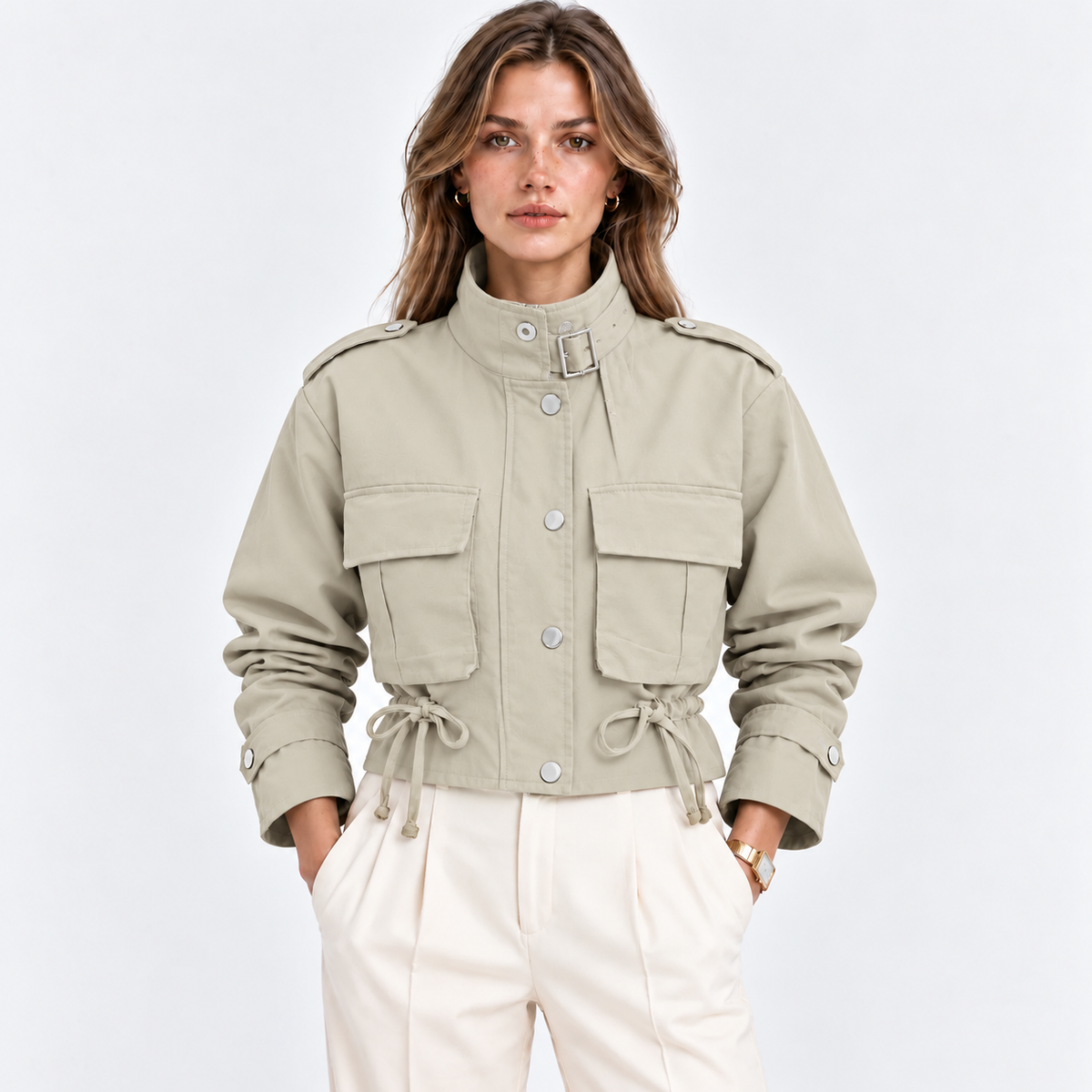 Women’s Utility Jacket Cropped Long Sleeve Multi Pocket
