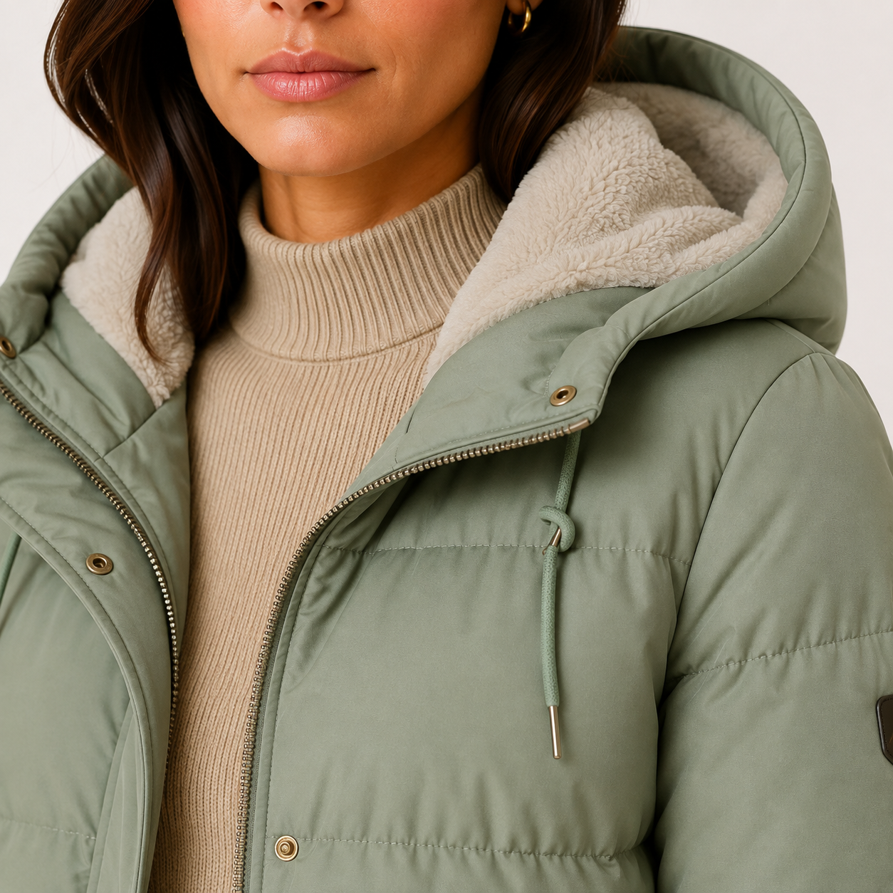 Close-up of a woman wearing an olive green hooded puffer jacket with a beige sherpa-lined hood over a ribbed beige turtleneck sweater.