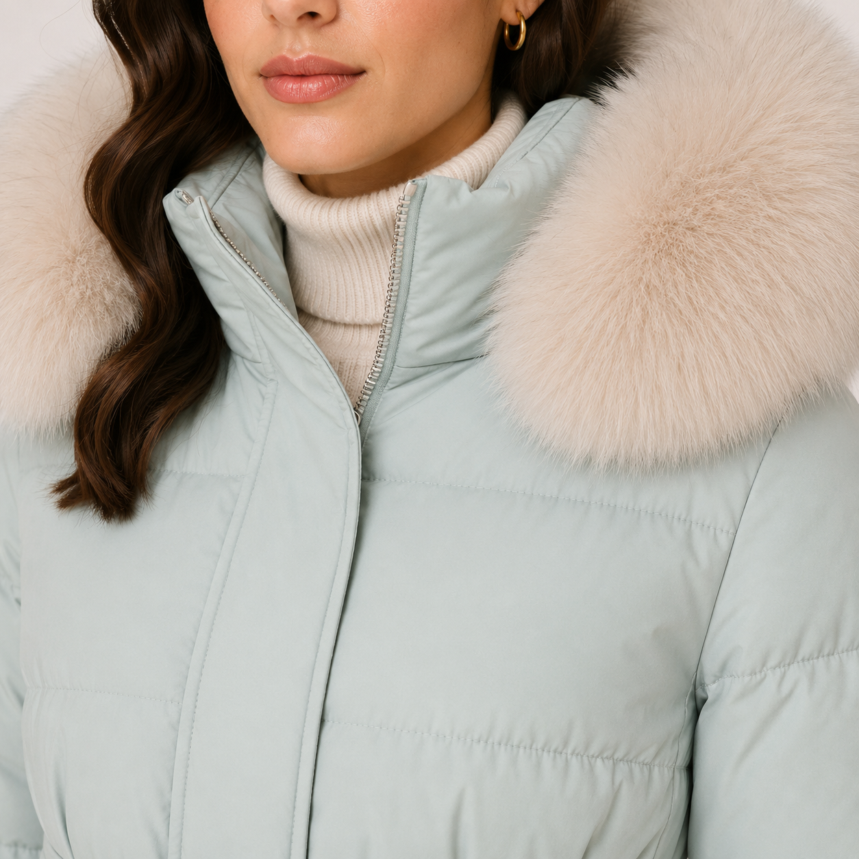 A close-up of a woman wearing a pale sage green puffer jacket with a large fluffy cream faux-fur collar, paired with a cream ribbed turtleneck.
