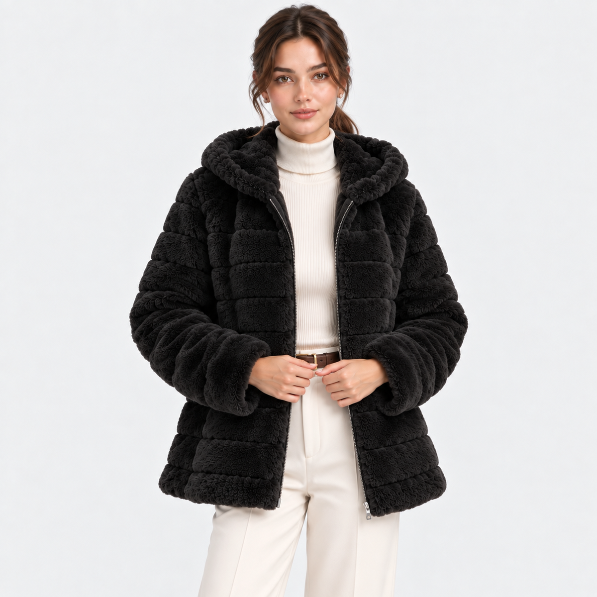 A woman modeling a black faux fur cropped jacket with a large hood, worn over a cream ribbed turtleneck and cream trousers, against a light gray studio background.