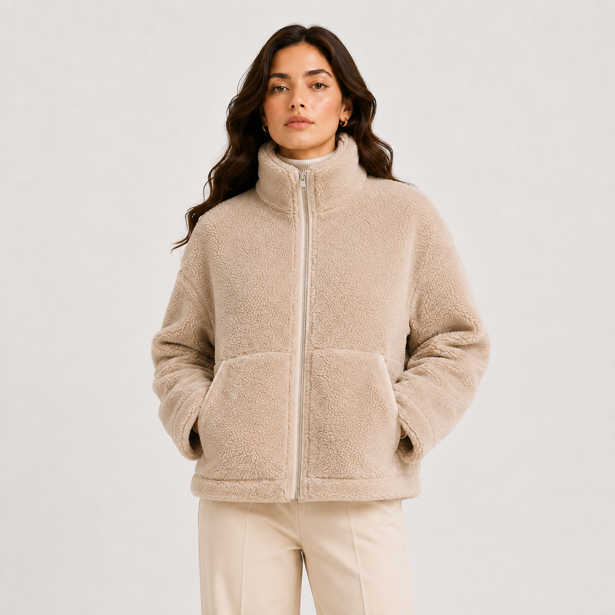 A woman wearing a beige sherpa fleece zip-up jacket with a high collar and front pockets, paired with light beige pants, against a plain light gray studio background.