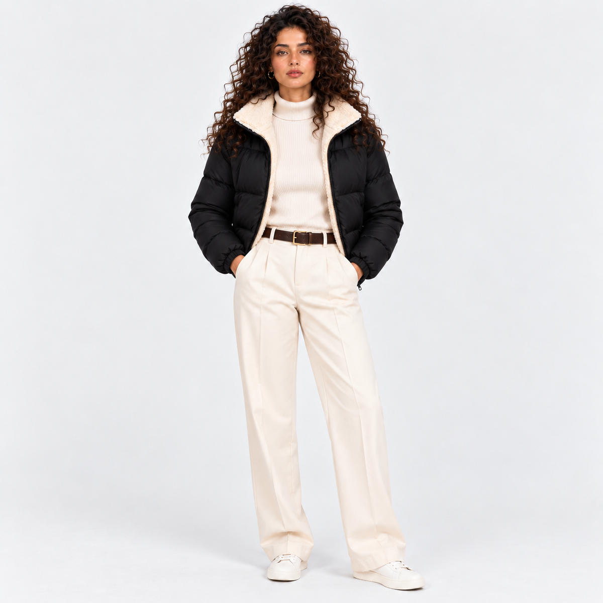 Woman wearing a black quilted puffer jacket with cream shearling collar and white pants