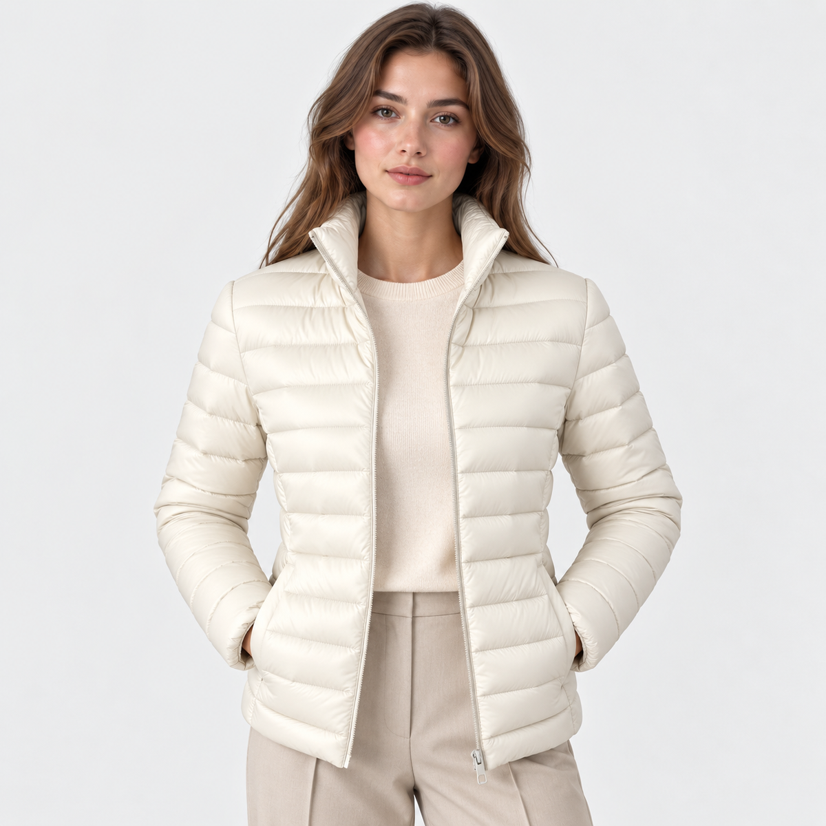 A woman modeling a short, quilted puffer jacket in a warm off-white/cream color, worn over a matching cream sweater and beige trousers, against a light gray studio background.
