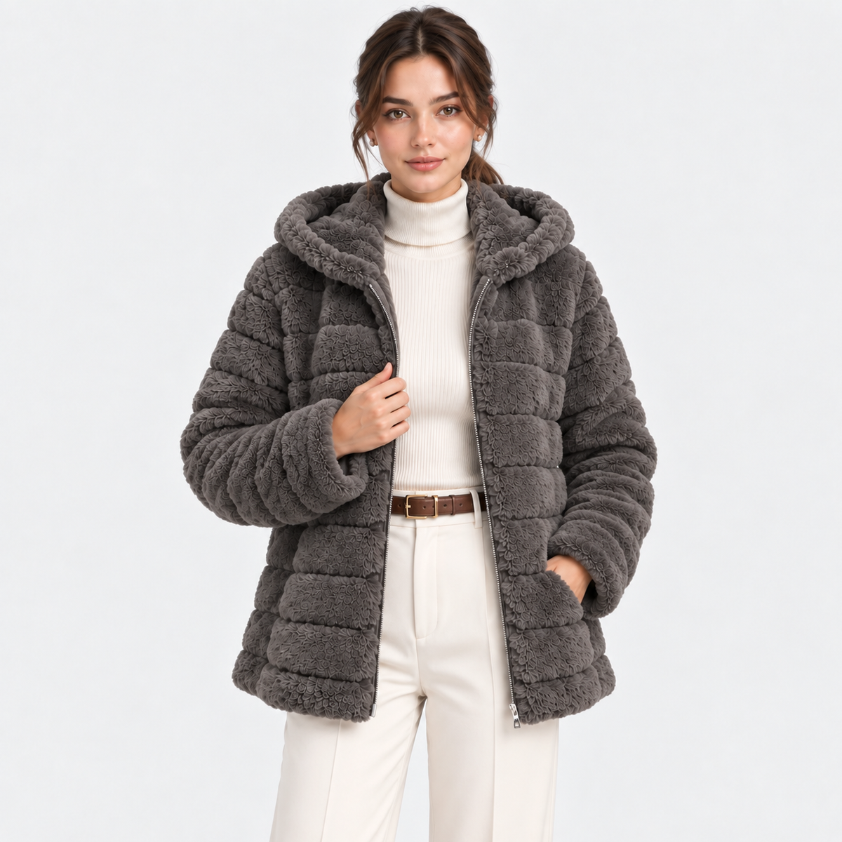 A woman modeling a dark gray textured faux fur jacket with a high collar, worn over a cream ribbed turtleneck and cream trousers, against a plain white studio background.
