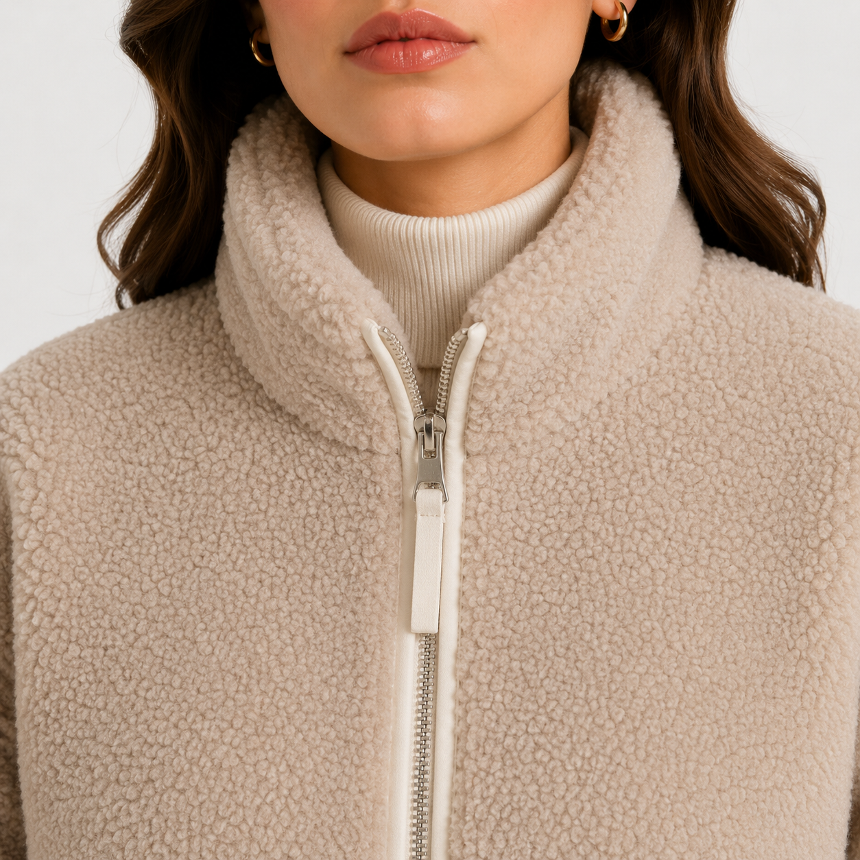 Close-up of a person wearing a beige sherpa fleece zip-up jacket over a cream ribbed turtleneck, with a white zipper pull and silver zipper.
