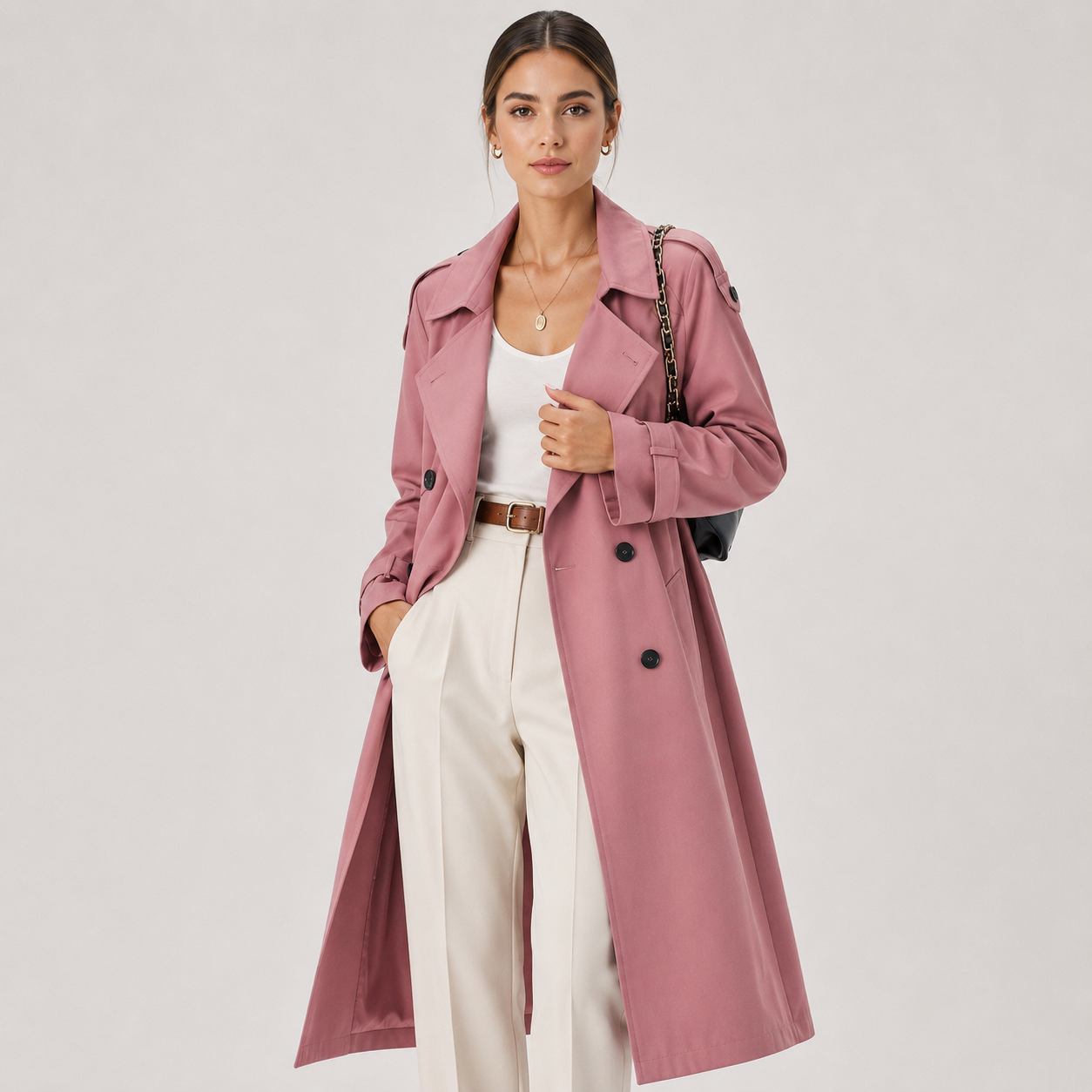 A woman modeling a long, double-breasted dusty pink trench coat over a white tank top and white wide-leg trousers, standing against a light gray studio background.